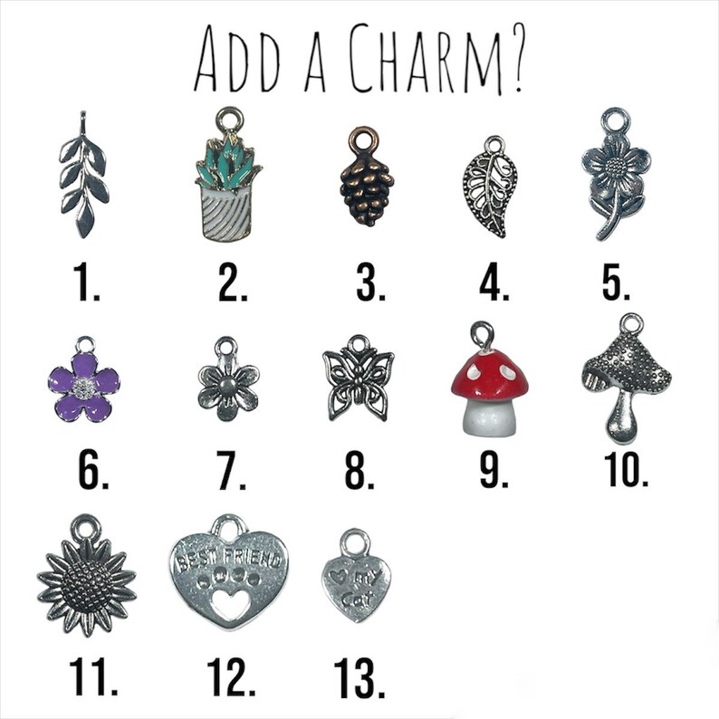 Puede incluir: Una selecci&oacute;n de 13 opciones de dijes de plata para la elaboraci&oacute;n de joyas. Los dijes incluyen una hoja, una planta en maceta, una pi&ntilde;a, una hoja, una flor, una flor, una mariposa, un hongo, un hongo, un girasol, un coraz&oacute;n con el texto "Mejor amigo" y un coraz&oacute;n con el texto "Mi gato".