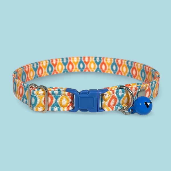 Cat Collar- “Oliver” Adjustable Breakaway Safety Quick-Release Collar, bright, abstract, geometric pattern, retro, boho, multicolor, orange