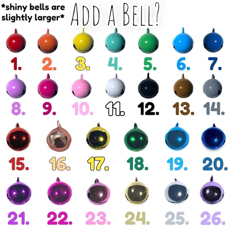 Puede incluir: Un gr&aacute;fico de 26 cascabeles de diferentes colores, etiquetados con los n&uacute;meros del 1 al 26. El texto "ADD A BELL?" est&aacute; en la parte superior del gr&aacute;fico. El texto "*shiny bells are slightly larger*" est&aacute; en la parte superior izquierda del gr&aacute;fico.