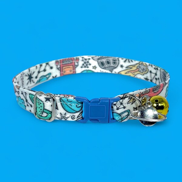 Cat Collar- "Space Doodle" Adjustable Breakaway Safety Collar, saturn, stars, constellation, planets, alien, spaceship, comet, moon, sky