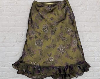 Vintage Late 90s/Y2K XOXO Whimsigoth Dark Floral Mesh Skirt Midi Length Ruffle Hem