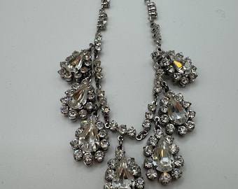 Vintage MCM Glass Rhinestone Drop Bib Necklace Prong Set Silver-Tone Cocktail