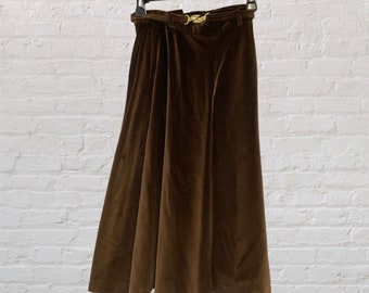 Vintage 70s A-Line Velvet Brown Skirt with Gold Belt Size 5