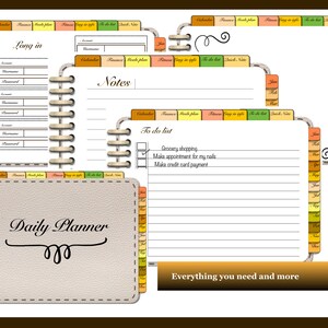 May include: A printable planner with a beige leather-like cover and a title that reads "Daily Planner". The planner includes sections for a calendar, notes, a to-do list, and a long in section. The planner has a colorful tabbed index with a variety of colors including orange, yellow, green, and brown.