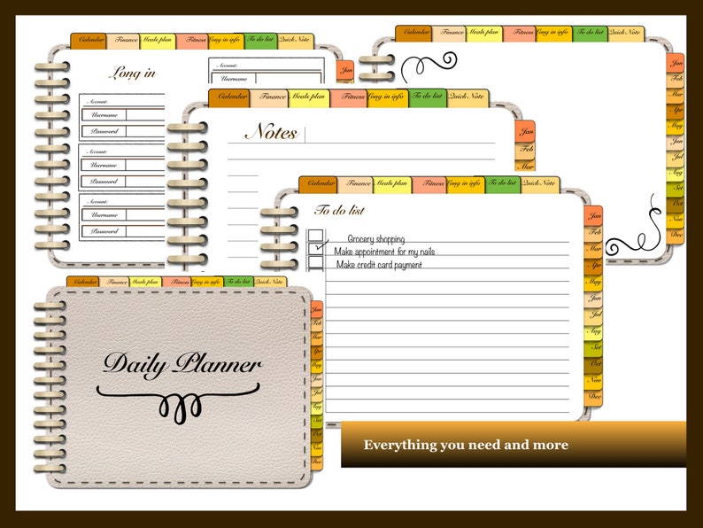 May include: A printable planner with a beige leather-like cover and a title that reads "Daily Planner". The planner includes sections for a calendar, notes, a to-do list, and a long in section. The planner has a colorful tabbed index with a variety of colors including orange, yellow, green, and brown.