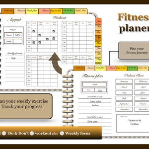 May include: A brown and beige fitness planner with a spiral binding. The planner has sections for calendar, finances, weekly plan, fitness, eating in style, to do list, and notes. The planner also has a section for workout plans with monthly tabs for January through December. The planner has the text "Fitness planer" and "Plan your fitness journey" on the cover.