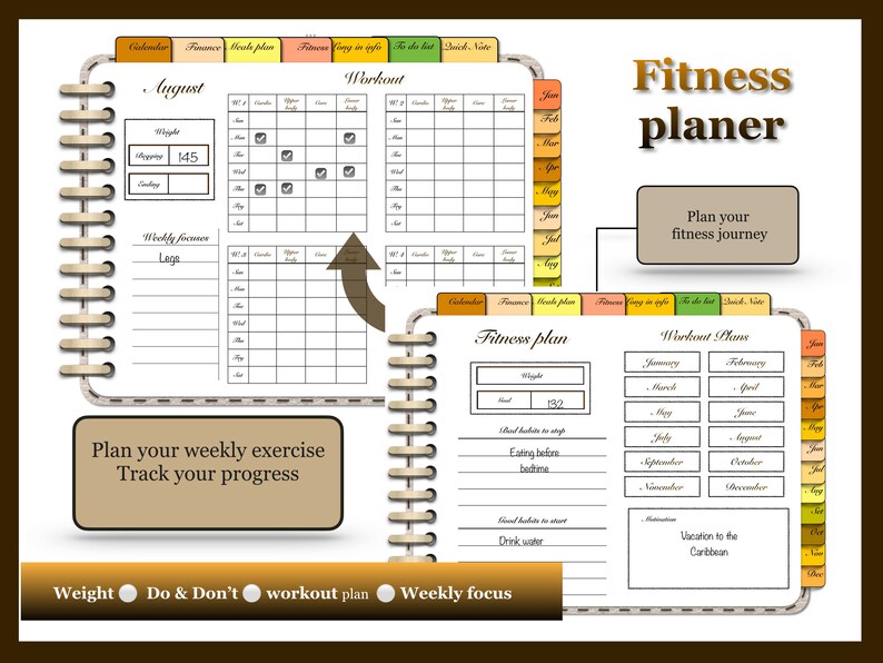 May include: A brown and beige fitness planner with a spiral binding. The planner has sections for calendar, finances, weekly plan, fitness, eating in style, to do list, and notes. The planner also has a section for workout plans with monthly tabs for January through December. The planner has the text "Fitness planer" and "Plan your fitness journey" on the cover.
