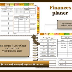 May include: A brown and beige spiral bound notebook with a finances planner theme. The cover has the words "Finances planner" in brown text. The inside pages have sections for monthly budget, expenses, income, and savings. The notebook has a tabbed section with the months of the year.