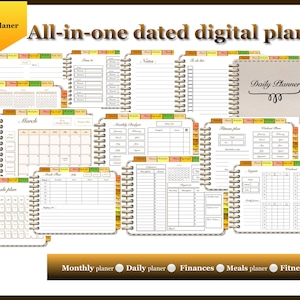 May include: A digital planner with a brown and beige cover featuring the text "Daily Planner". The planner includes pages for monthly planning, daily planning, finances, meal planning, fitness, and more. The pages are decorated with colorful borders and a spiral binding.