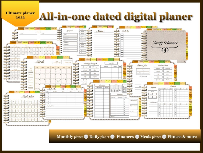 May include: A digital planner with a brown and beige cover featuring the text "Daily Planner". The planner includes pages for monthly planning, daily planning, finances, meal planning, fitness, and more. The pages are decorated with colorful borders and a spiral binding.