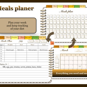 May include: A printable meal planner with a brown and white design. The planner includes a calendar, a meal plan, a shopping list, and a to-do list. The text "Meals planer" is at the top of the page. The text "Plan your week and keep tracking of your diet" is in a brown box. The text "Everything you need and more" is at the bottom of the page.