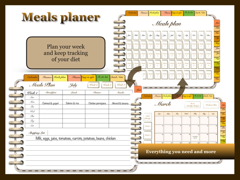 May include: A printable meal planner with a brown and white design. The planner includes a calendar, a meal plan, a shopping list, and a to-do list. The text "Meals planer" is at the top of the page. The text "Plan your week and keep tracking of your diet" is in a brown box. The text "Everything you need and more" is at the bottom of the page.