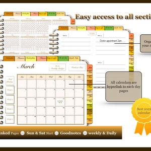 May include: A printable planner with a monthly calendar, weekly calendar, and daily pages. The planner has a brown and gold design with a ribbon and a gold star. The text "Best 2022 calendar" is on the star. The text "Easy access to all sections" is at the top of the image. The text "Organize your month" is in a box on the right side of the image. The text "All calendars are hyperlink to each day pages" is in a box on the right side of the image. The text "Hyperlinked Pages Sun & Sat Start Goodnotes weekly & Daily" is at the bottom of the image.
