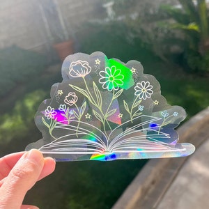 Floral Book Suncatcher Sticker | rainbow window sticker | holographic floral suncatcher decal | rainbow maker decal