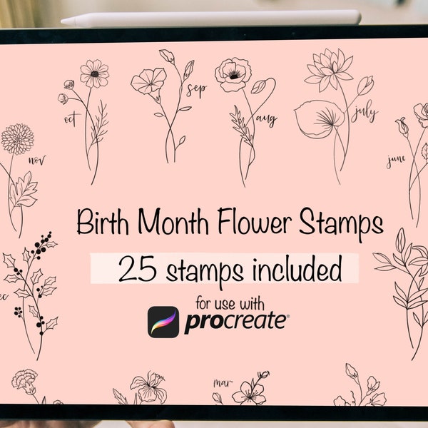 25 Flower Brush Set Stamps for Procreate | Birth Month Flower Stamps | Floral Procreate Brushes | Stamp Pack for iPad |