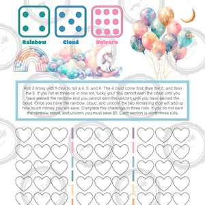 May include: A printable game board with a rainbow, cloud, and unicorn theme. The game board has a grid of hearts to be filled in as players roll dice to earn points. The game instructions are at the top of the page.