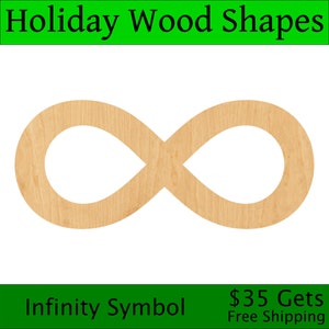 May include: A wooden infinity symbol cutout, in a light brown color, with a wood grain pattern.  The symbol is isolated on a white background.