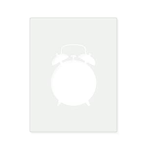 May include: A white stencil featuring the silhouette of a classic twin-bell alarm clock. The design includes a circular clock face, two bells on top, a central hammer, and two small feet at the bottom, all presented as a flat graphic cutout.