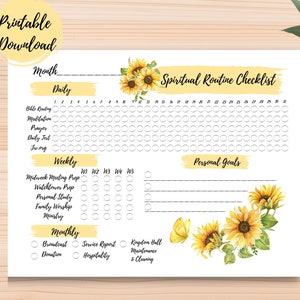 May include: Printable spiritual routine checklist with sunflowers and a butterfly. The checklist includes sections for daily, weekly, and monthly activities. It also includes a section for personal goals.