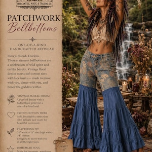 May include: Patchwork bellbottoms featuring a vintage floral denim upper section with a faded print and a solid blue cotton lower section with tiered ruffles and lace insets. The garment has a 32-inch waist, 11-inch rise, and 34-inch inseam.