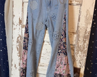 Reworked Patchwork Bell Bottom Jeans: Boho Hippie Flare Leg Denim (26W x 29L)