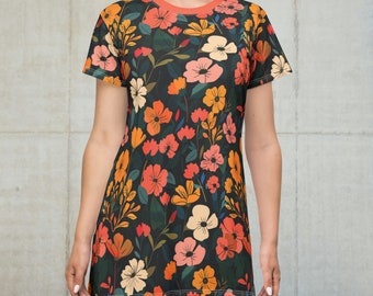 Black T-Shirt Dress with Bold Warm Floral Print