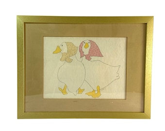 Vintage Folk Art Geese Ducks in Bonnets Signed Kathy Framed 13x10 Cottage Decor