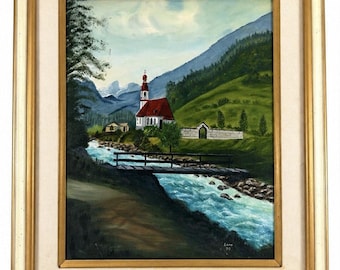 Vintage Ölgemälde Berglandschaft Kirche Flussbrücke Signiert Lore 1990 Eingerahmt Alpine Szene Europäische Landschaft Wandkunst