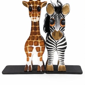 Sujetalibros decorativos de madera de jirafa y cebra, Briar Patch, 1990, EE. UU., pintados a mano
