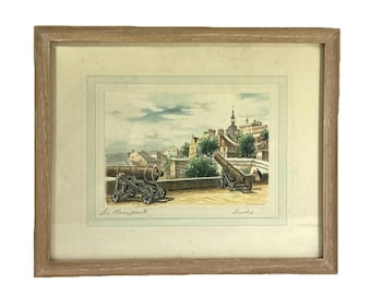 Vintage G.A. Dumarais Les Remparts Quebec, ręcznie kolorowana litografia w ramce