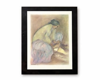 Placa conmemorativa vintage estilo R.C. Gorman con la imagen de una mujer arrodillada en señal de amor, 5.5x7 pulgadas, estilo suroeste.