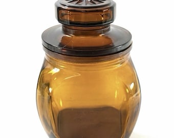 Vintage Amber Glass Canister Jar w Lid Belgium Apothecary Storage 6.5”
