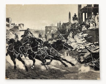 Gravura de corrida de bigas romanas no estilo Ben-Hur, Jos Hoover, Filadélfia, 20x16