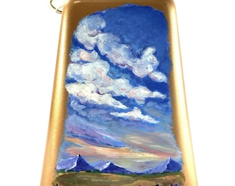 Vintage Hand Painted Cowbell Metal Dinner Bell Mountain Landscape Rustic Farm