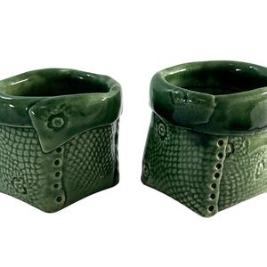 Schillerstrom Studio Pottery Mini Planters Pair Green Glazed Signed Dated 1998