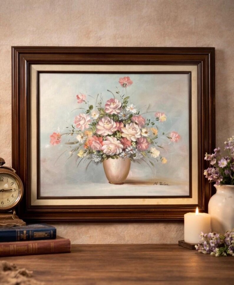 Vintage Floral Oil Painting Signed M Hudson Roses Still Life Framed ...