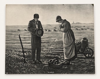 The Angelus Print Jean-François Millet 20x16” Black & White Farm Scene 1909