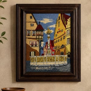 Ricamo vintage di un villaggio tedesco, opera tessile incorniciata 19x23