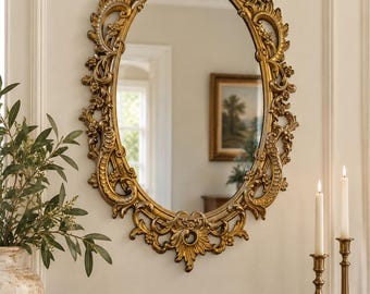 Vintage Syroco Gold Oval Wall Mirror 28 Inch Ornate Rococo Hollywood Regency French Provincial Baroque Victorian Style Wall Decor