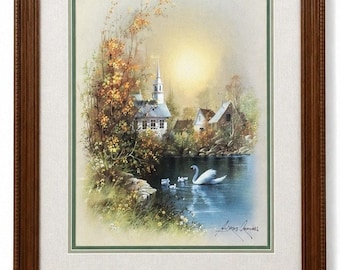 Gerahmte Schwanensee Landhaus Print signiert Andres Orpinas Kirche Dorf 25x29