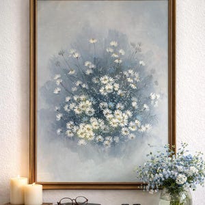 Original Yoon Choi Floral Painting White Daisies 23x31 Framed Vintage Cottage Wall Art