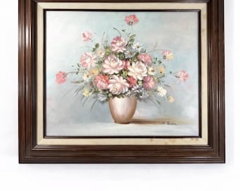 Peinture à l'huile florale vintage signée M Hudson Roses Nature morte encadrée 26 x 22 po.