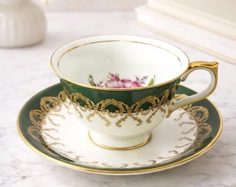 Aynsley England Theekopje Schotel Groen Goud Verguld Rose Bone China Set Patroon 2146