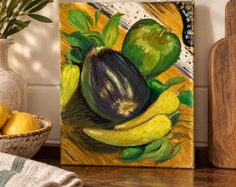 Nature morte originale, peinture acrylique sur toile, aubergines, poivrons, légumes, 7 x 9 pouces.