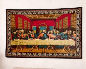 Vintage Last Supper Tapestry Wall Hanging Large 57x38 Leonardo Da Vinci Textile