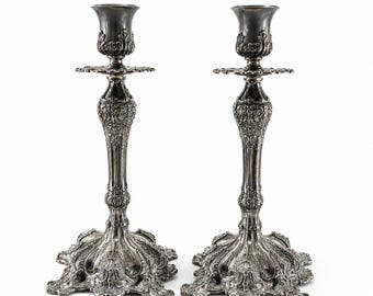 Pair Godinger Silver Art Co Ornate Silverplate Candlesticks 11.5” Baroque Rococo