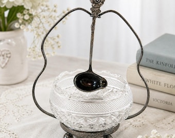 Vintage Reed & Barton Silverplate Sugar Bowl Condiment Set Glass Bowl w/ Ladle