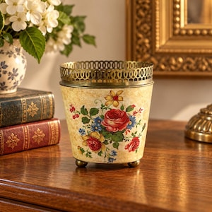 Vintage Henry & Silva Floral Decoupage Cachepot Planter Brass Trim Signed 5”