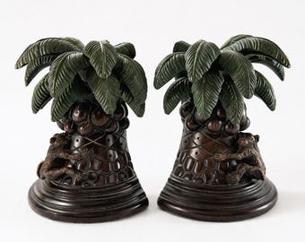 Vintage Kincaid's aap palmboom boekensteunen set tropische jungle hars 7"