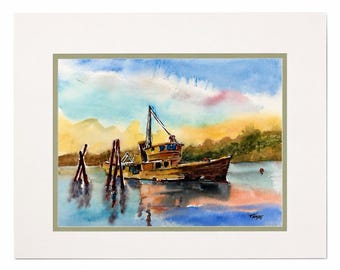 Dipinto originale ad acquerello raffigurante una barca nel porto, firmato Tanjes, formato 16x12, con passepartout, paesaggio marino.